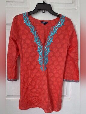 Sulu Coral Embroidered Beaded Tunic Top Size 4 Made in India